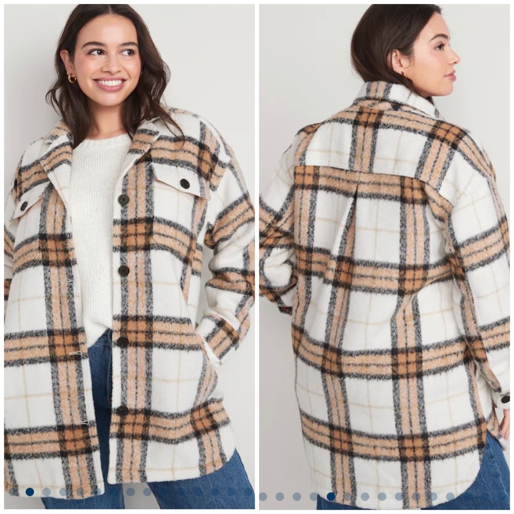 Old Navy Soft Wool Blend Printed Flannel Long
Utility Shacket in White Plaid